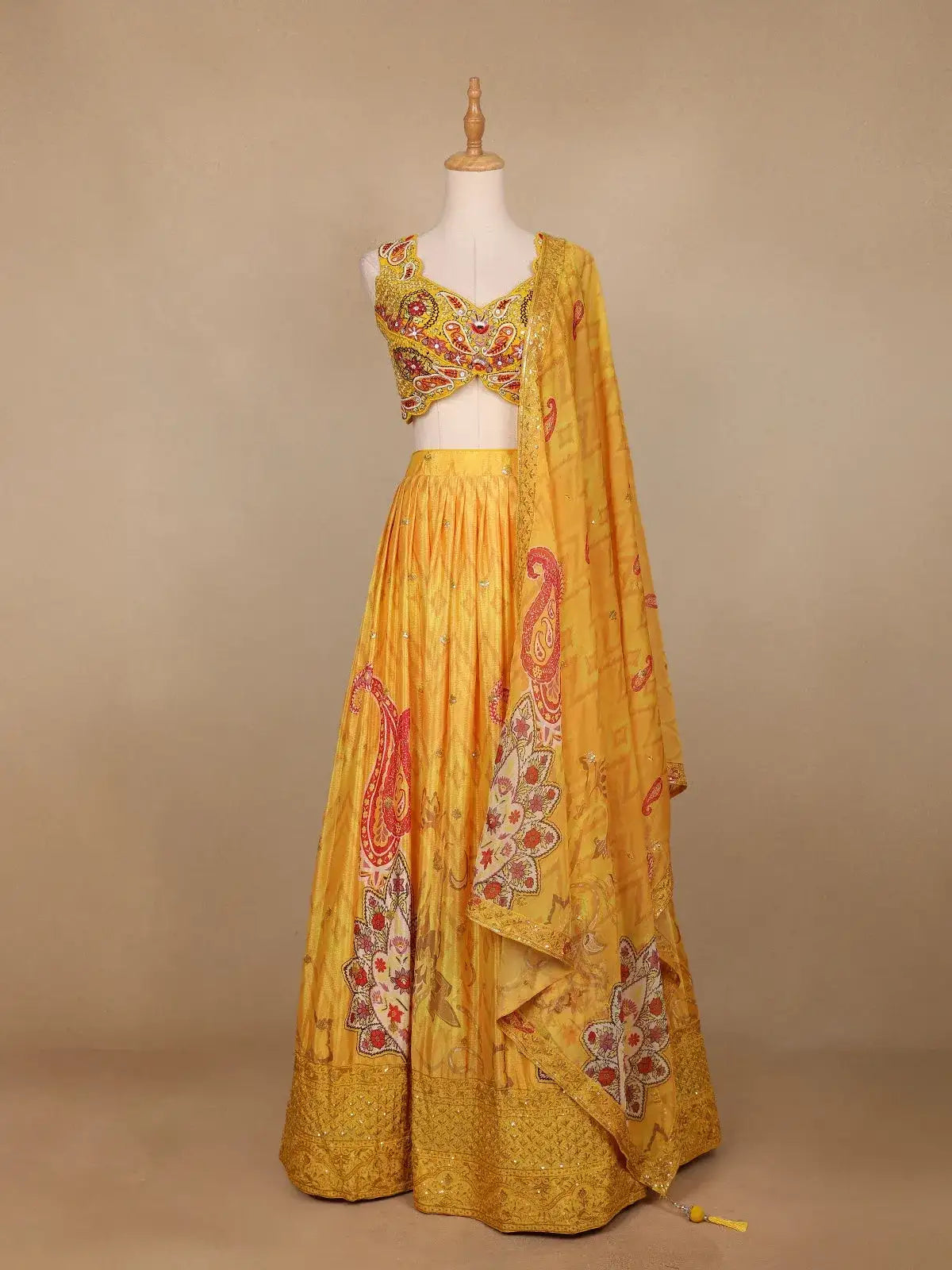 Yellow Floral Printed Semi Silk Bridesmaid Lehenga - Diadem