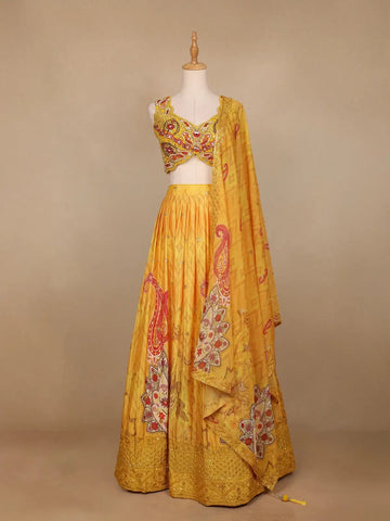 Yellow Floral Printed Semi Silk Bridesmaid Lehenga - Diadem