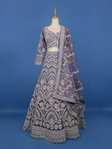 Lavender Floral Embroidered Net Bridal Lehenga - Diadem