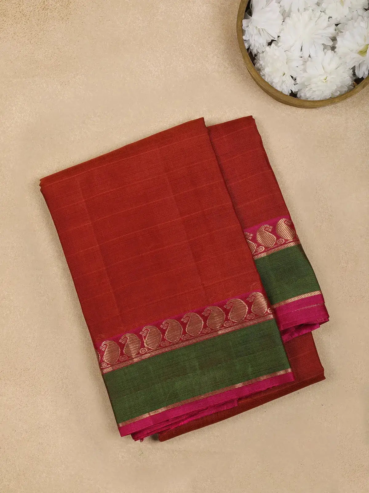 Brick Red Stripes Woven Pure Kanchipuram Silk Saree - Diadem