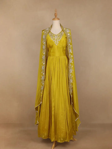Yellow Floral Designed Crepe Gown - Diadem