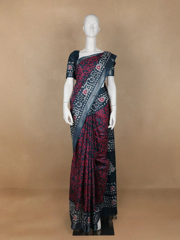 Navy Blue Abstract Designed Cotton Fancy Saree - Diadem