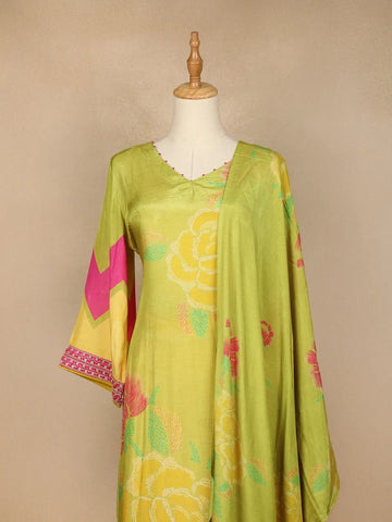 Lemon Green Floral Design Semi Silk Salwar Palazzo Suit - Diadem