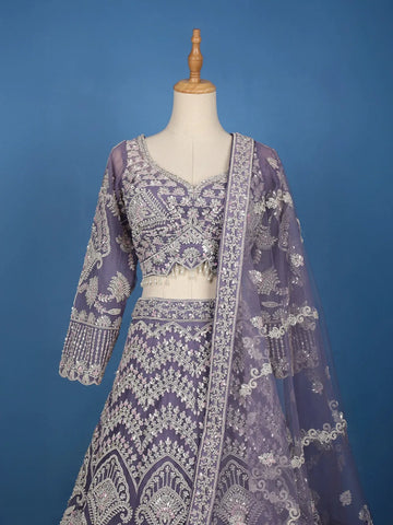 Lavender Floral Embroidered Net Bridal Lehenga - Diadem