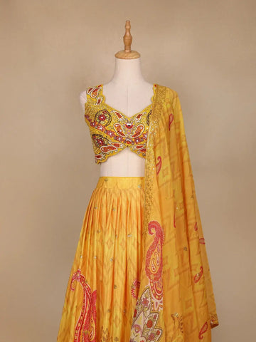Yellow Floral Printed Semi Silk Bridesmaid Lehenga - Diadem