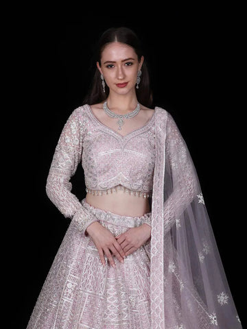 Light Pink Floral Designed Net Bridal Lehenga - Diadem
