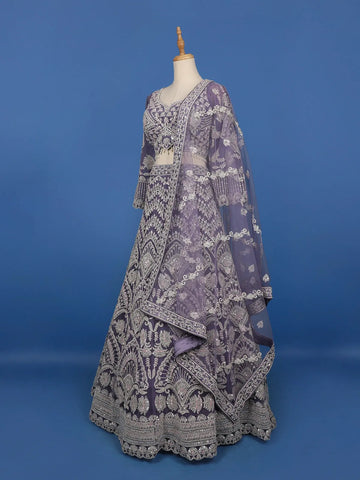 Lavender Floral Embroidered Net Bridal Lehenga - Diadem