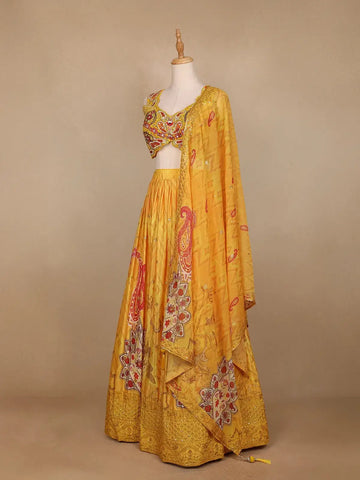 Yellow Floral Printed Semi Silk Bridesmaid Lehenga - Diadem
