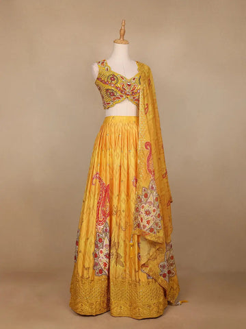 Yellow Floral Printed Semi Silk Bridesmaid Lehenga - Diadem