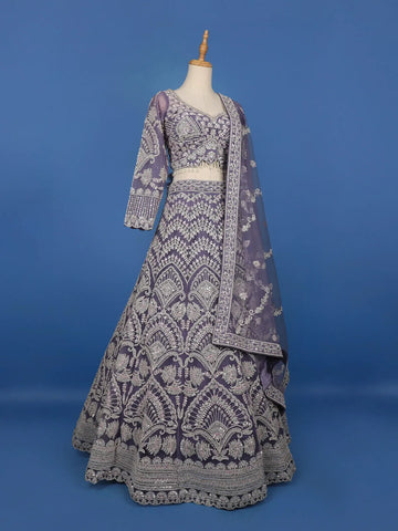 Lavender Floral Embroidered Net Bridal Lehenga - Diadem