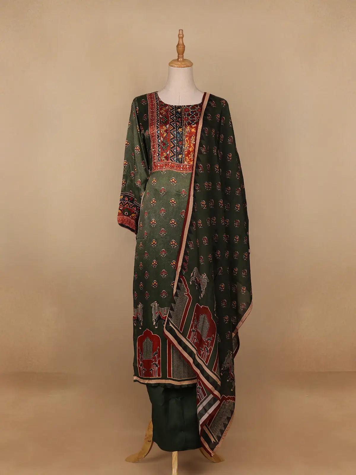 Green Floral Designed Cotton Rayon Salwar Suit - Diadem