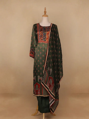 Green Floral Designed Cotton Rayon Salwar Suit - Diadem