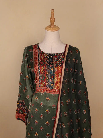 Green Floral Designed Cotton Rayon Salwar Suit - Diadem