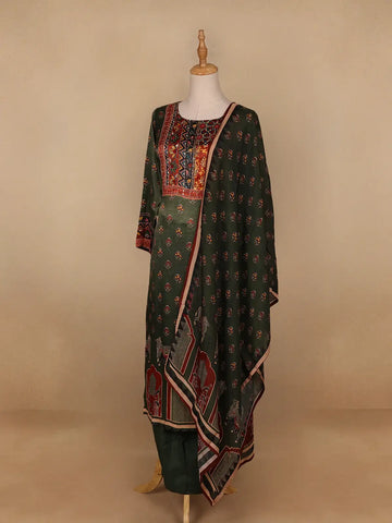 Green Floral Designed Cotton Rayon Salwar Suit - Diadem