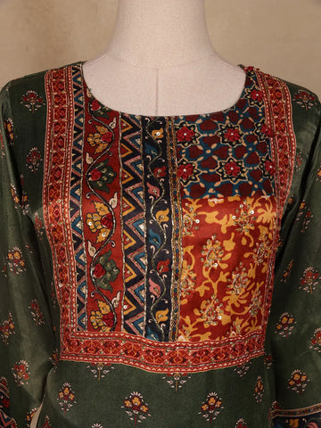 Green Floral Designed Cotton Rayon Salwar Suit - Diadem