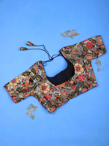 Black Readymade Silk Blouse Adorned with Floral Embroidery Design - Diadem