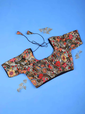 Black Readymade Silk Blouse Adorned with Floral Embroidery Design - Diadem