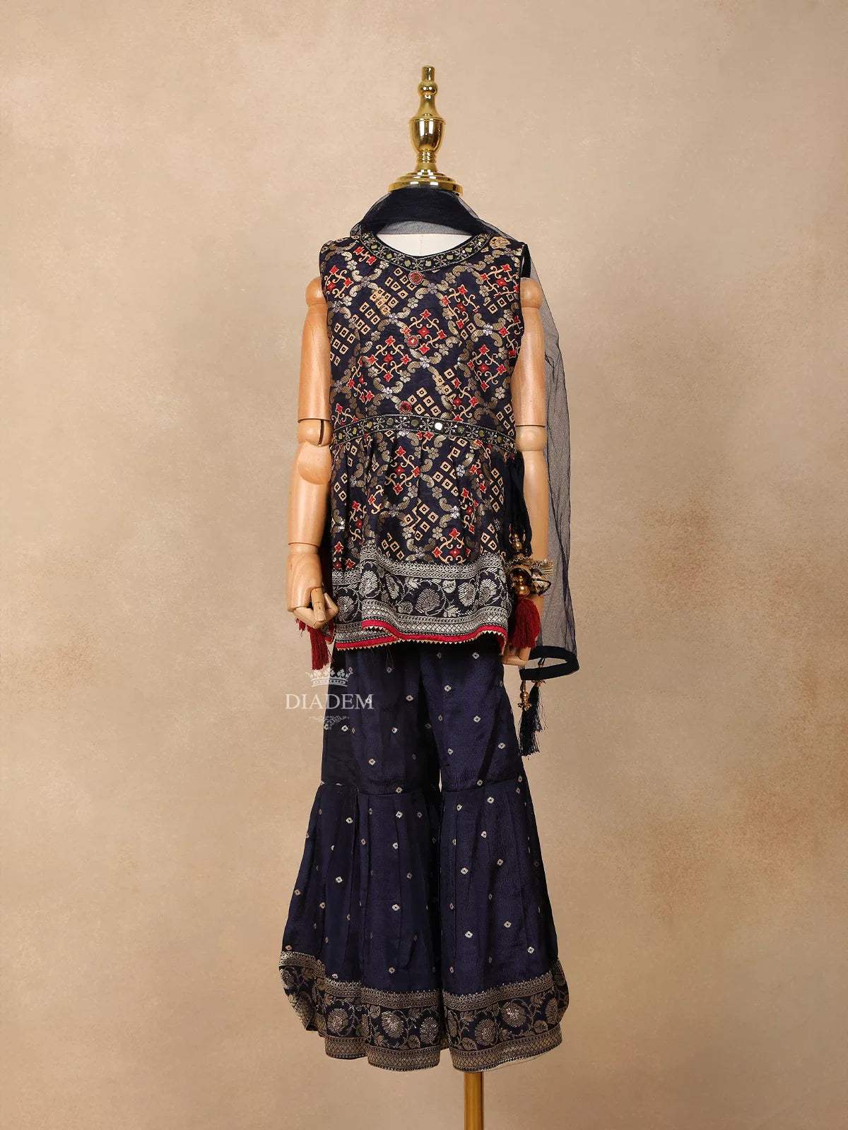 Navy Blue Georgette Sharara Suit Adorned with Floral Prints and Embroidery, paired with Dupatta - Diadem
