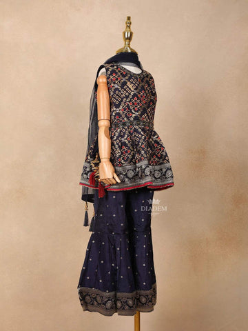 Navy Blue Georgette Sharara Suit Adorned with Floral Prints and Embroidery, paired with Dupatta - Diadem