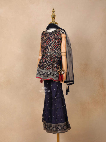 Navy Blue Georgette Sharara Suit Adorned with Floral Prints and Embroidery, paired with Dupatta - Diadem
