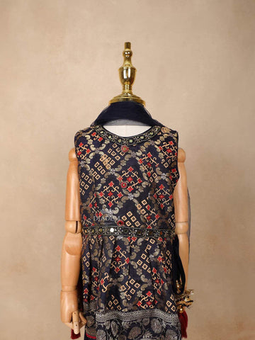 Navy Blue Georgette Sharara Suit Adorned with Floral Prints and Embroidery, paired with Dupatta - Diadem