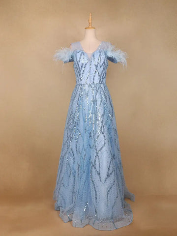 Blue Sequins Embroidered Net Gown - Diadem