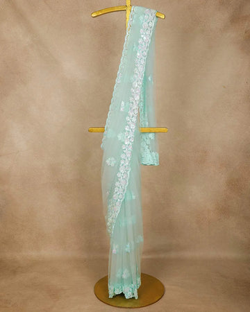 Sky Blue Sequin Embroidery Designed Net Saree - Diadem