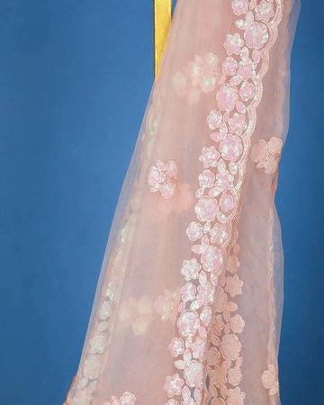Light Pink Floral Embroidery Designed Net Saree - Diadem