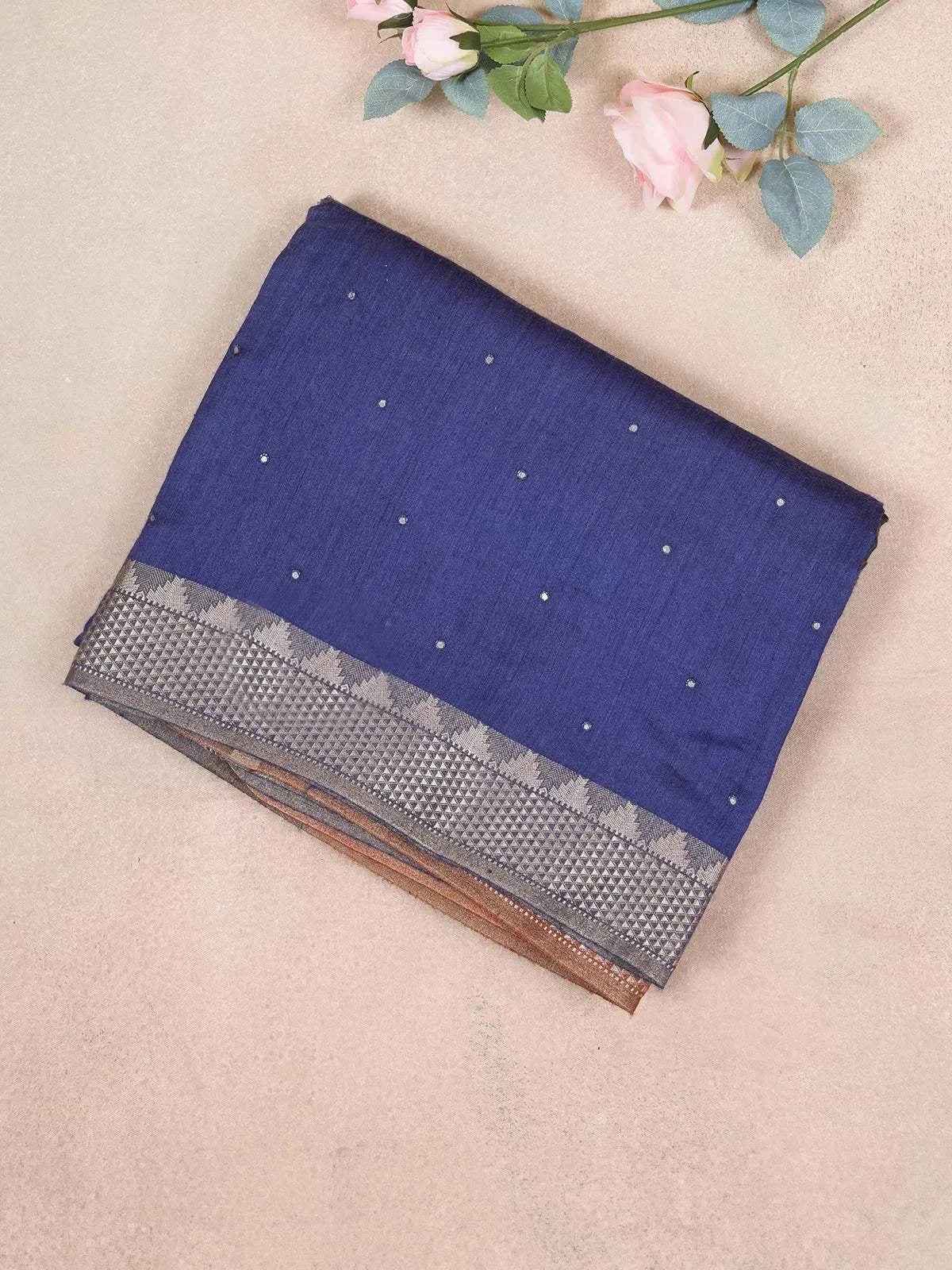 Navy Blue Soft Silk Saree with Zari Butta on the body and Zari Border - Diadem