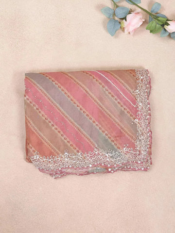 Onion Pink Organza Saree with Stripes on the body and Floral Embroidery Border - Diadem