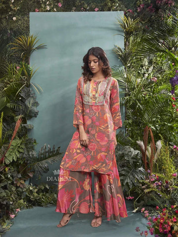 Light Brown Crepe Palazzo Salwar Suit for Women Adorned with Floral Prints and Embroidery - Diadem