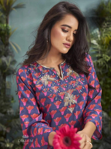 Navy Blue Crepe Palazzo Salwar Suit for Women Adorned with Floral Prints and Embroidery - Diadem