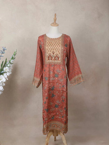 Peach Crepe Kurti Top Adorned with Sequins with Floral Prints - Diadem