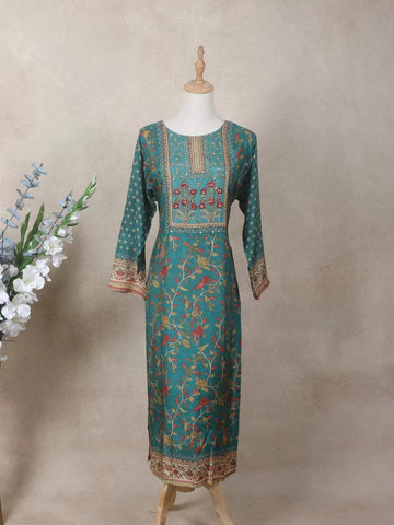 Teal Green Crepe Kurti Top Adorned with Sequins with Floral Prints - Diadem