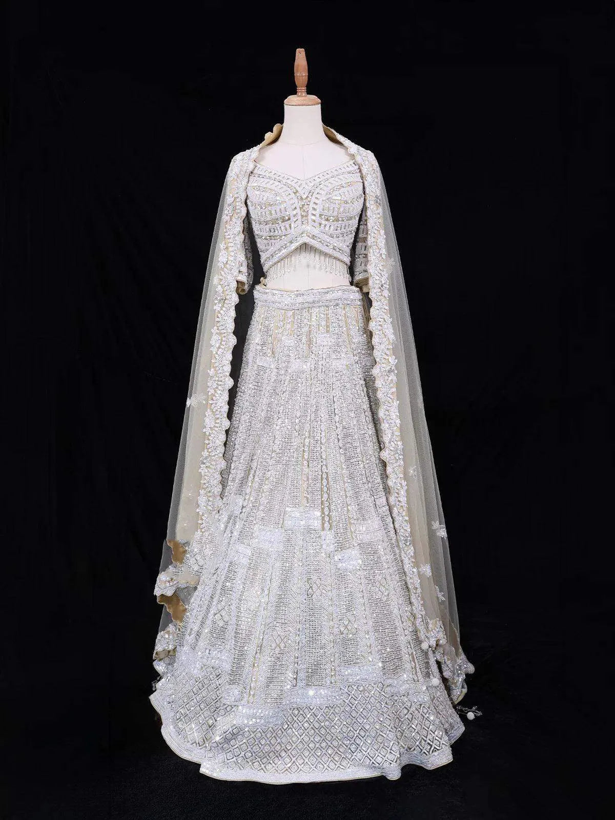 White Net Wedding Bridal Lehenga with Sequins Glitter Design - Diadem
