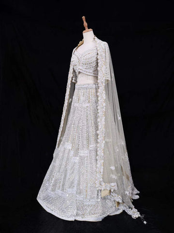 White Net Wedding Bridal Lehenga with Sequins Glitter Design - Diadem