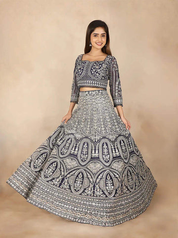 Navy Blue Net Bridal Lehenga with Floral Embroidery - Diadem