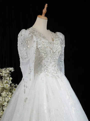 White Net Gown with Sequins, Beads and Embroidery - Diadem