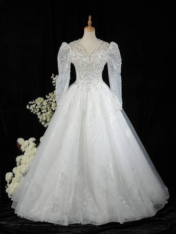 White Net Gown with Sequins, Beads and Embroidery - Diadem