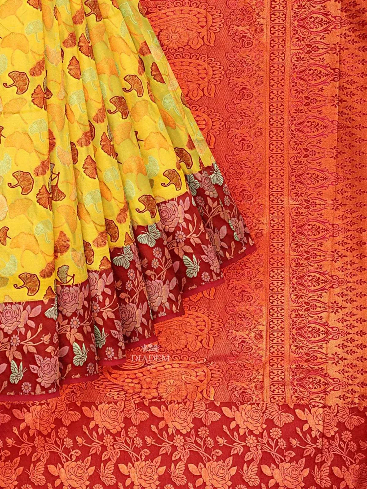 Yellow Art Silk Saree with Floral Motif on the Body and Contrast Zari Border - Diadem