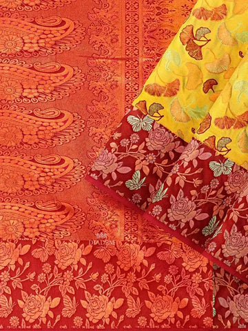 Yellow Art Silk Saree with Floral Motif on the Body and Contrast Zari Border - Diadem