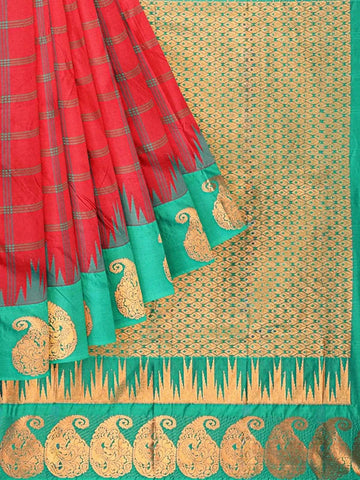 Red Art Silk Saree with Checks Design on the body and Contrast Zari Border - Diadem