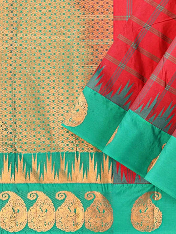Red Art Silk Saree with Checks Design on the body and Contrast Zari Border - Diadem