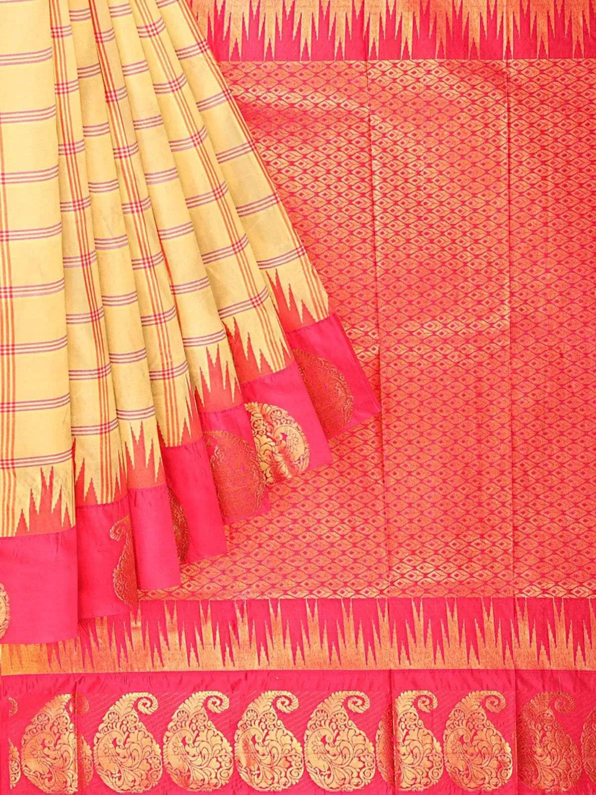 Light Yellow Art Silk Saree with Checked Body & Contrast Zari Border - Diadem