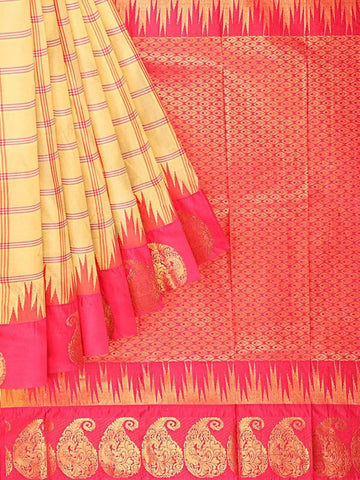 Light Yellow Art Silk Saree with Checked Body & Contrast Zari Border - Diadem
