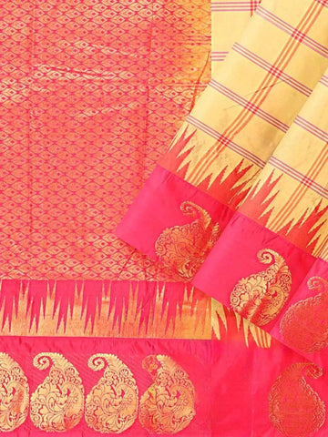 Light Yellow Art Silk Saree with Checked Body & Contrast Zari Border - Diadem
