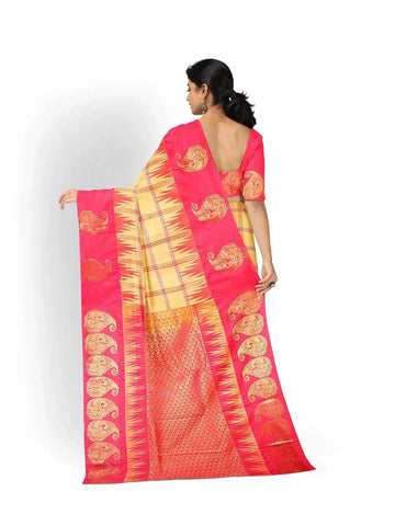Light Yellow Art Silk Saree with Checked Body & Contrast Zari Border - Diadem