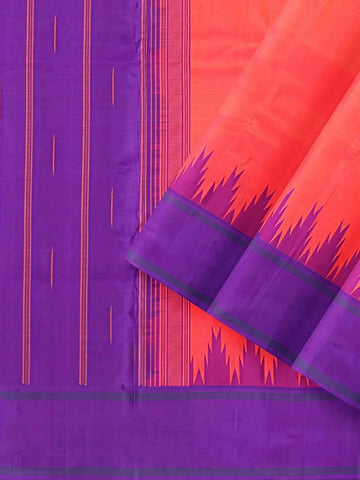 Red Pink Dual Tone Pure Kanchipuram Silk Saree with Temple Design Border - Diadem