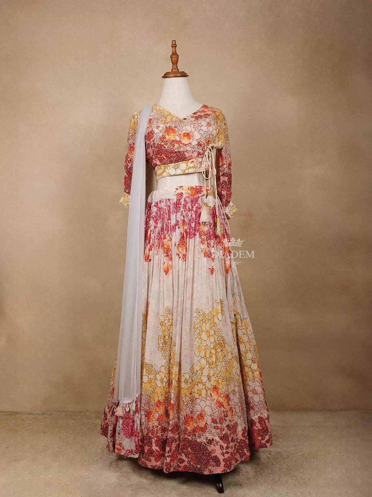 Ivory Net Lehenga Embellished with Floral Prints and Sequins paired with Dupatta - Diadem