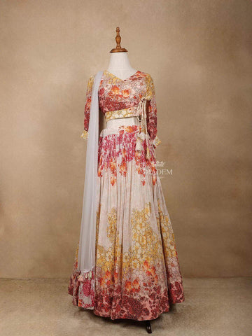 Ivory Net Lehenga Embellished with Floral Prints and Sequins paired with Dupatta - Diadem